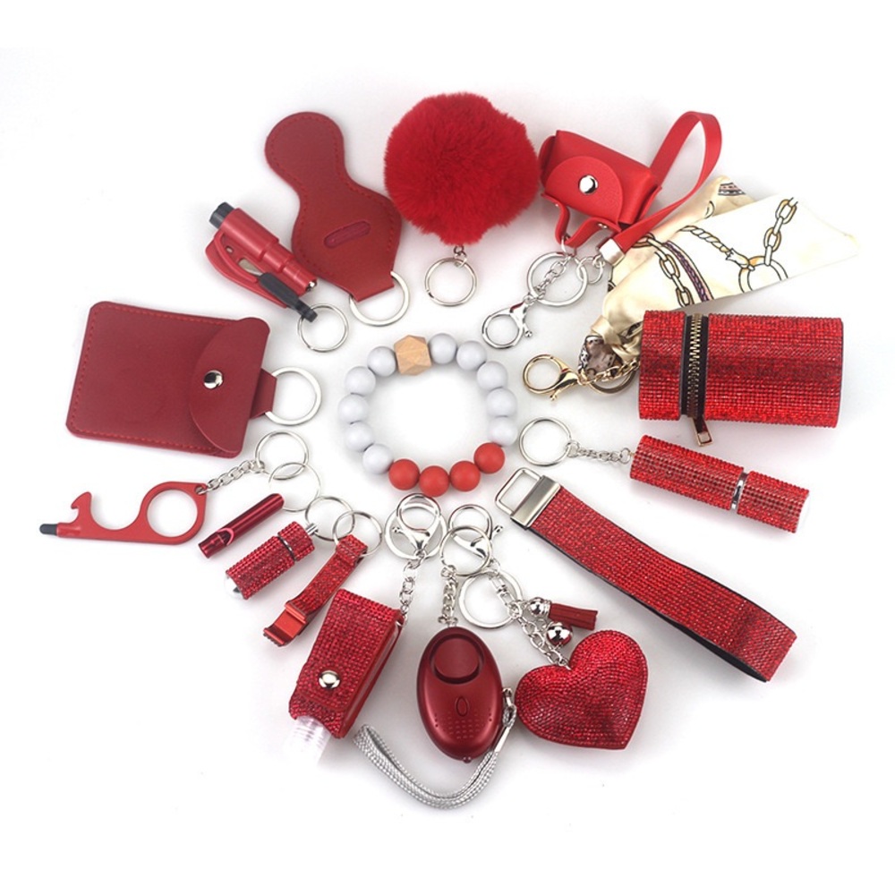 Black and Red Key and Card Holder Set with Silver Chain